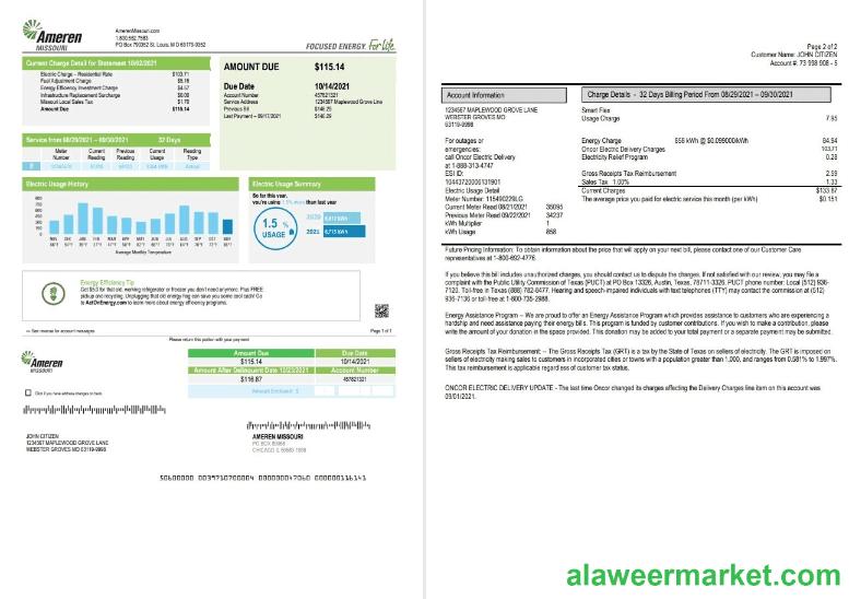 USA Ameren Missouri electricity utility bill template in Word and PDF format (2 pages)
